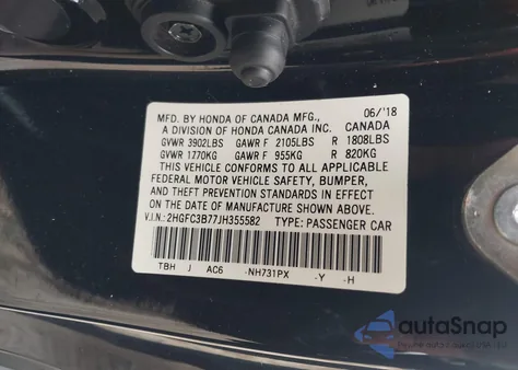 2018 Honda Civic Ex-L z USA, uszkodzony, nr VIN 2HGFC3B77JH355582